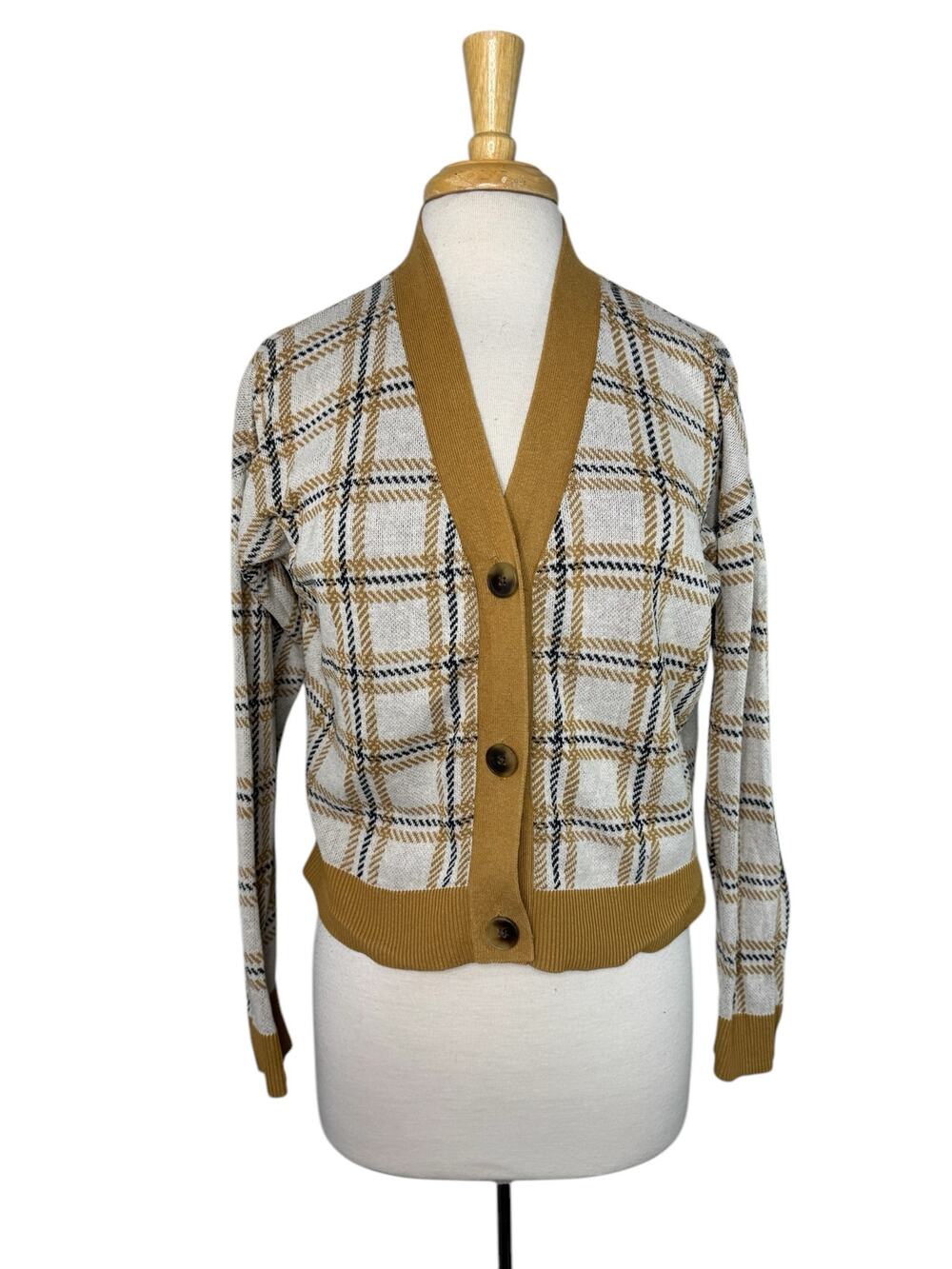LOFT Preppy Plaid Cardigan Sweater Size Medium Petite Gold Black White Cotton